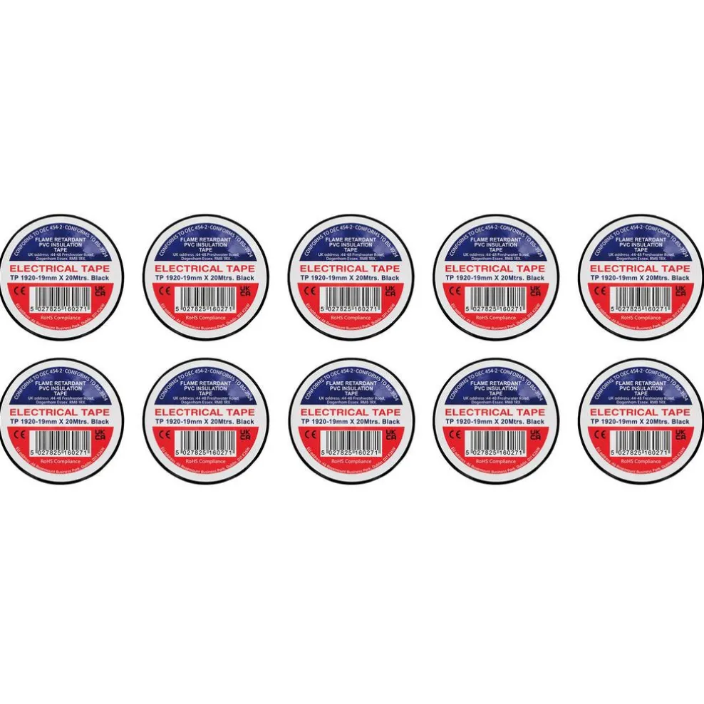 Black PVC Electrical Insulation Tape, 19mm x 20m (Pack of 10)