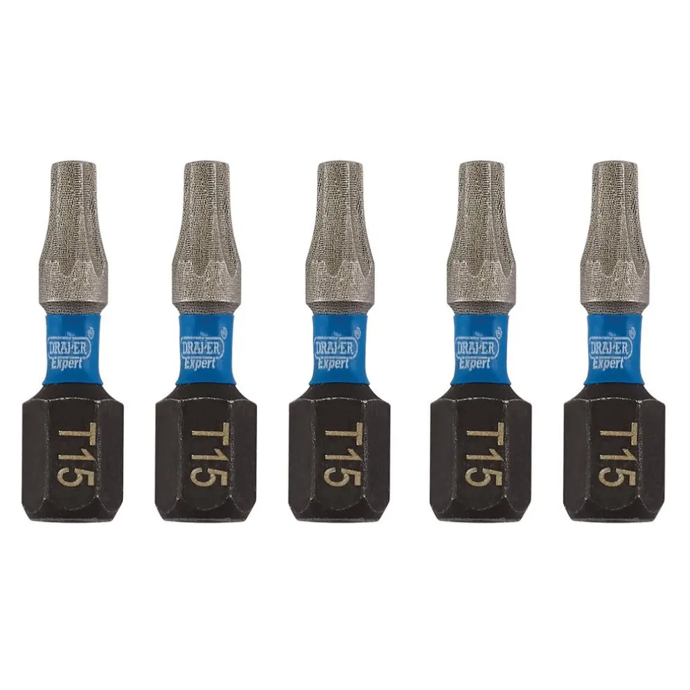 Draper Expert TX-STAR® Impact Screwdriver Bits, T15 x 25mm, 1/4" Hex (Pack of 5)