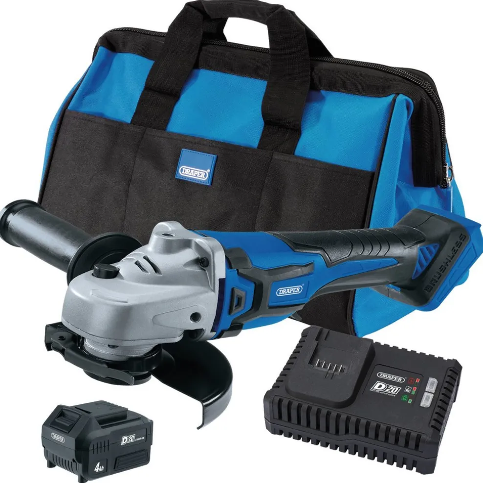 D20 20V Angle Grinder Kit, 1 x 4.0Ah Battery, 1 x Fast Charger in 28L Tool Bag