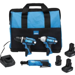 12V Drill Drive and Ratchet Interchange Kit, 2 x 4.0Ah Li-ion Battery, 1 x 1.5Ah Li-ion Battery, 1 x Fast Charger, 1 x Tool Bag